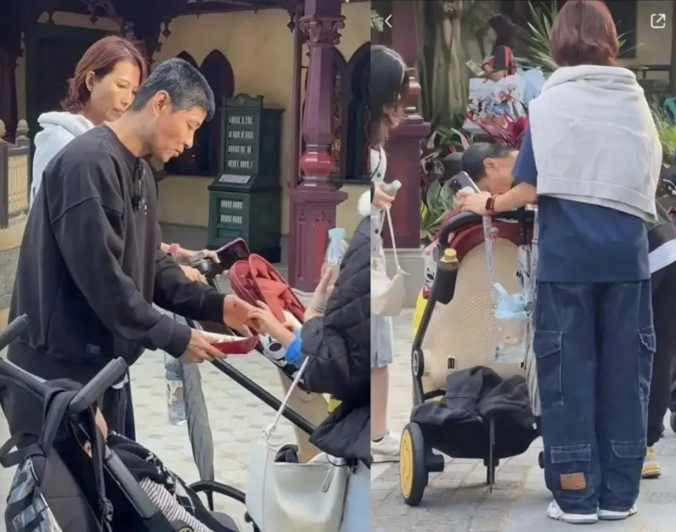 蔡少芬张晋带儿子游迪士尼，张晋白发显老态，网友热议化妆与P图威力  第3张