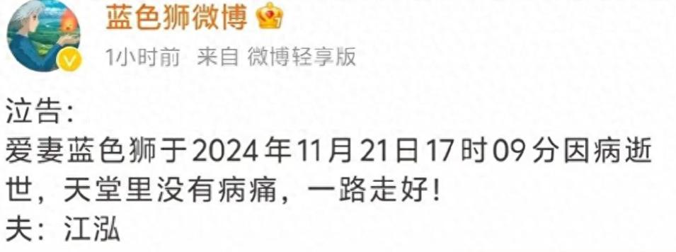 46岁网络作家蓝色狮因癌症离世，曾创作锦衣之下等热门作品  第1张