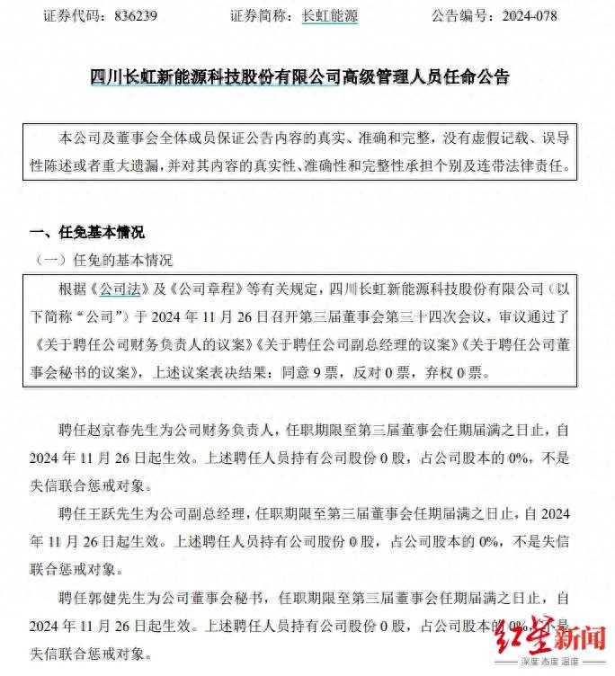 长虹能源高层变动：董秘与财务负责人辞职，新任高管接棒  第1张