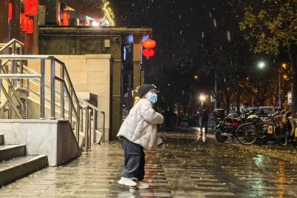 北京城区多地突降雪 市民记录今冬首次明显雪花  第2张