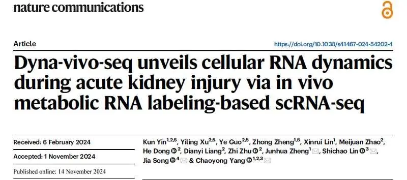 上海交大团队创新技术Dyna-vivo-seq揭示急性肾损伤RNA动力学
